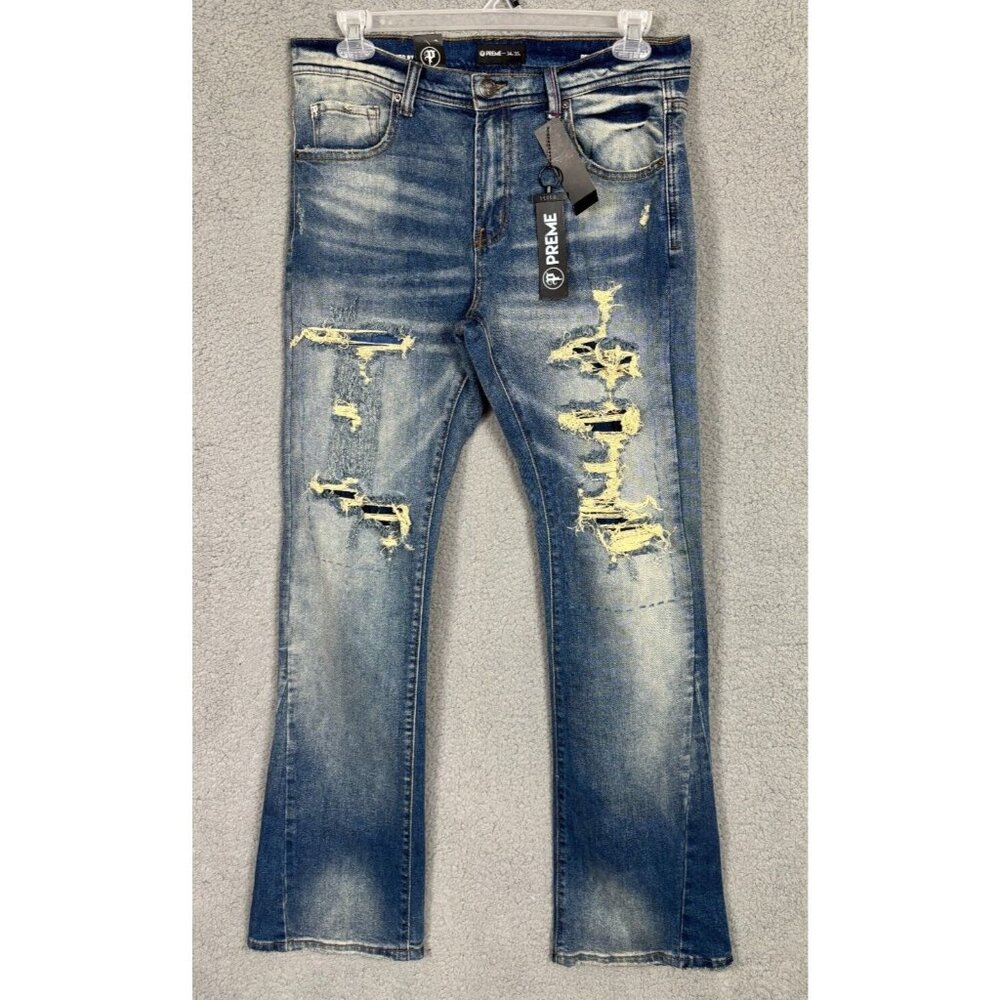 Preme Mens Five Pocket Ripped / Distressed Denim Jeans Blue 34W x 35L NWTs